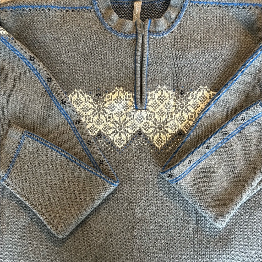 Hanna Andersson Gray Knit Sweater with Blue Trim and Cream Fair Isle